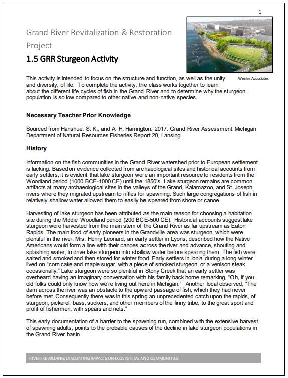 Page 1 of the lesson plan 1.5 Sturgeon Activity